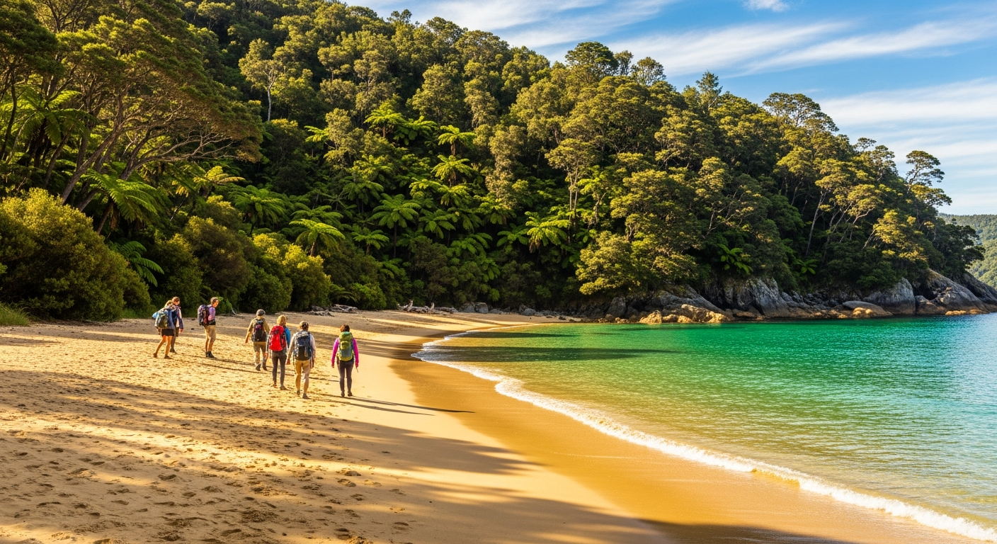 Abel Tasman Coastal Track with golden sandy beach, turquoise water, and native bush