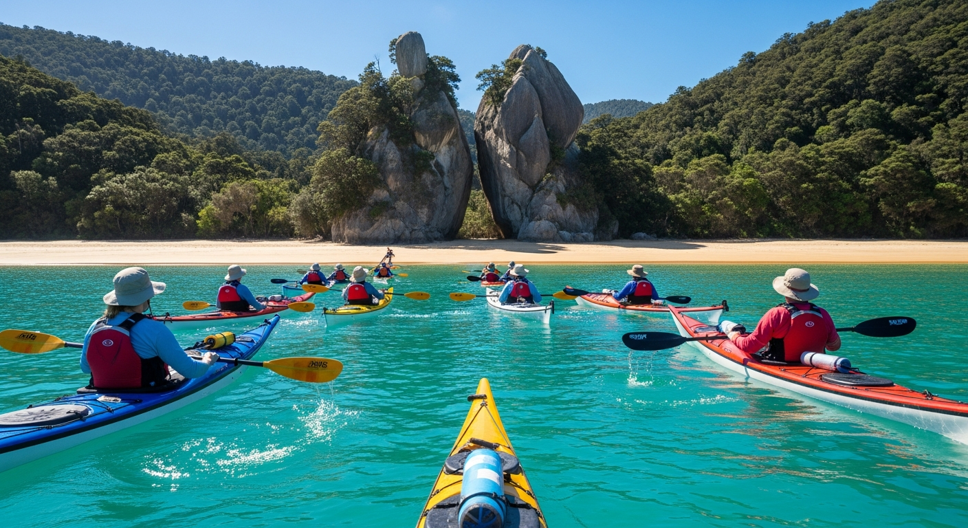 Sea kayakers paddling turquoise water past golden beaches and Split Apple Rock