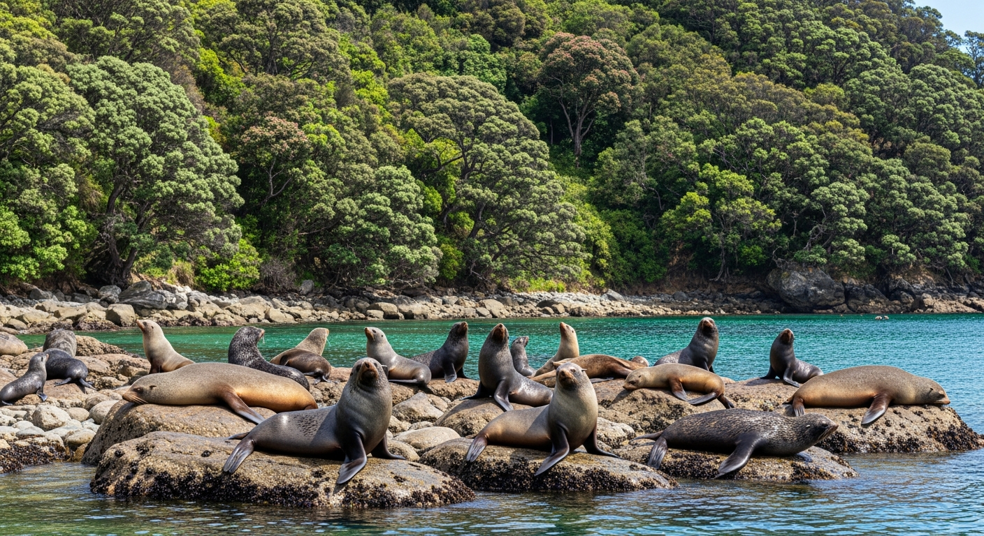 Fur seals basking on rocks at Tonga Island seal colony