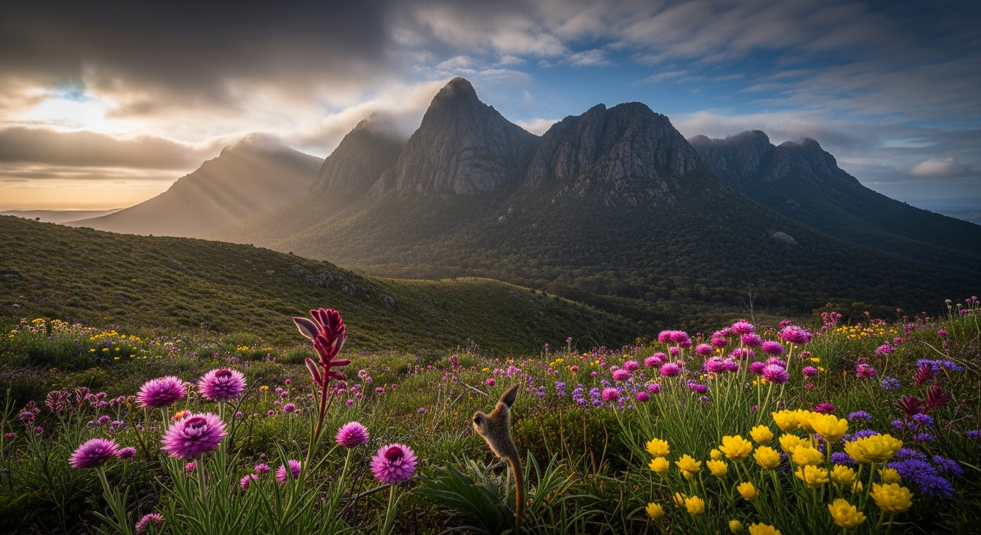 The dramatic peaks of the Stirling Range rising above the Great Southern landscape