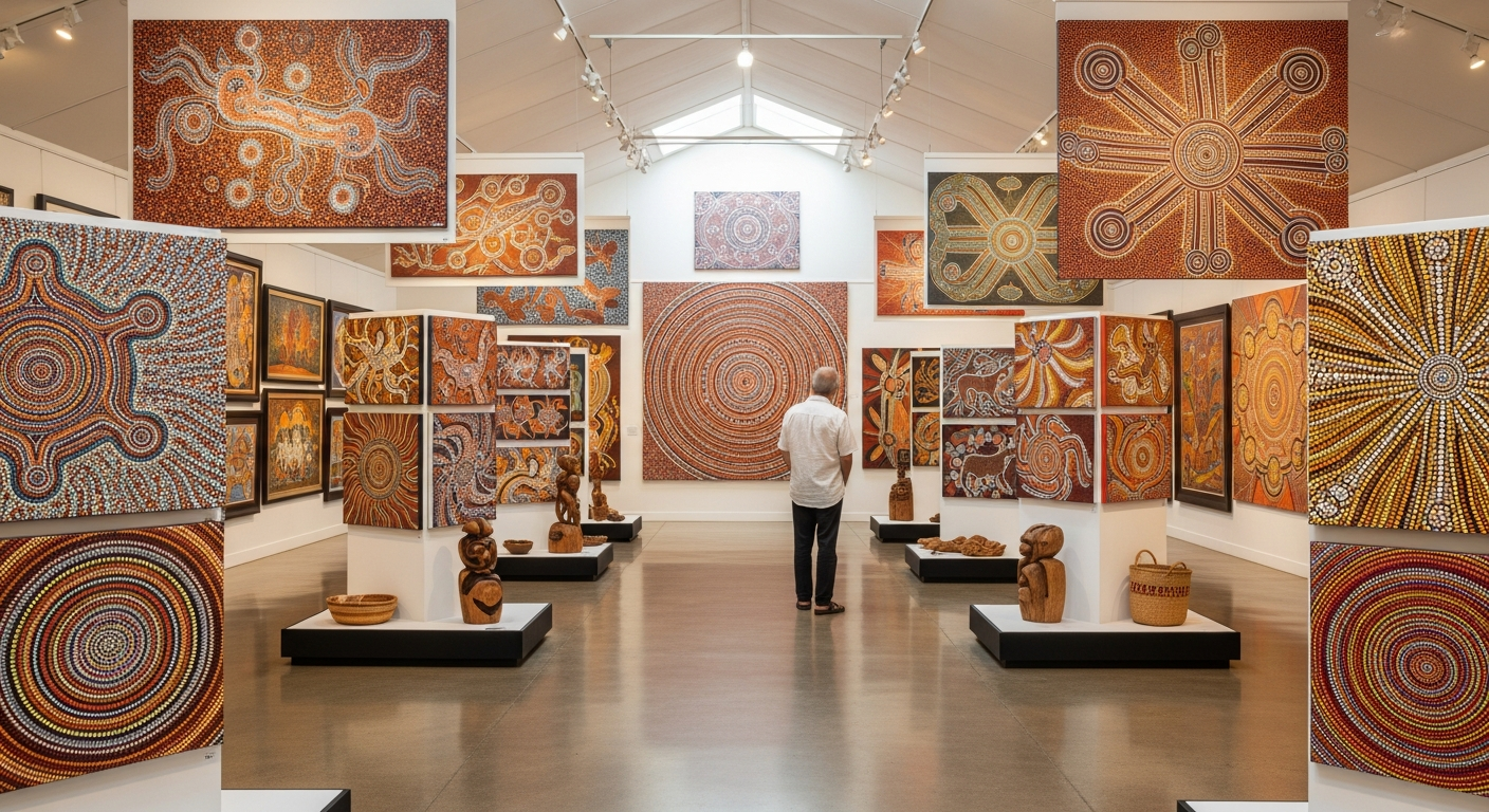 Vibrant Aboriginal dot paintings displayed in an Alice Springs art gallery