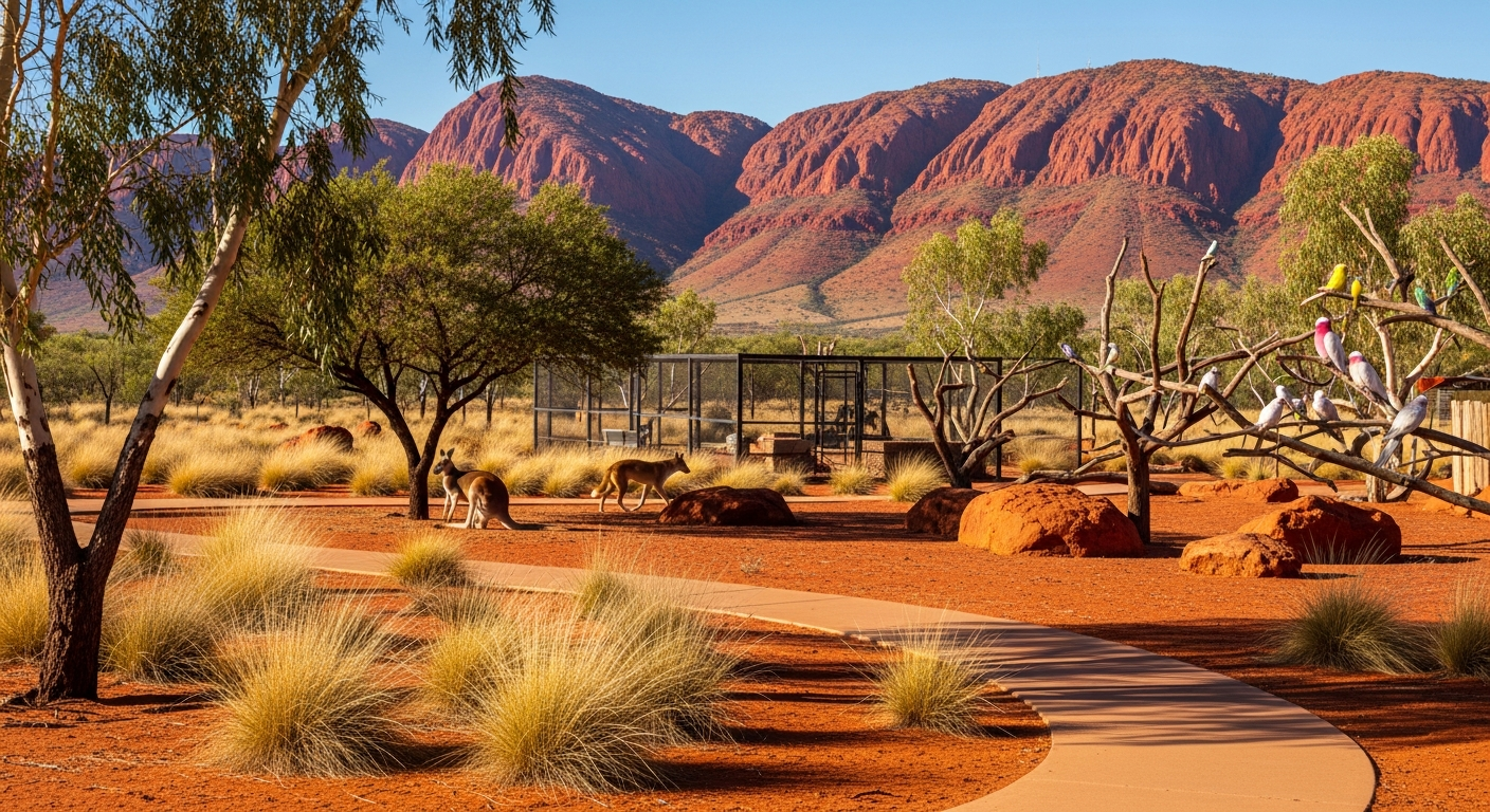 The Alice Springs Desert Park showcasing Red Centre wildlife and landscapes with the MacDonnell Ranges behind