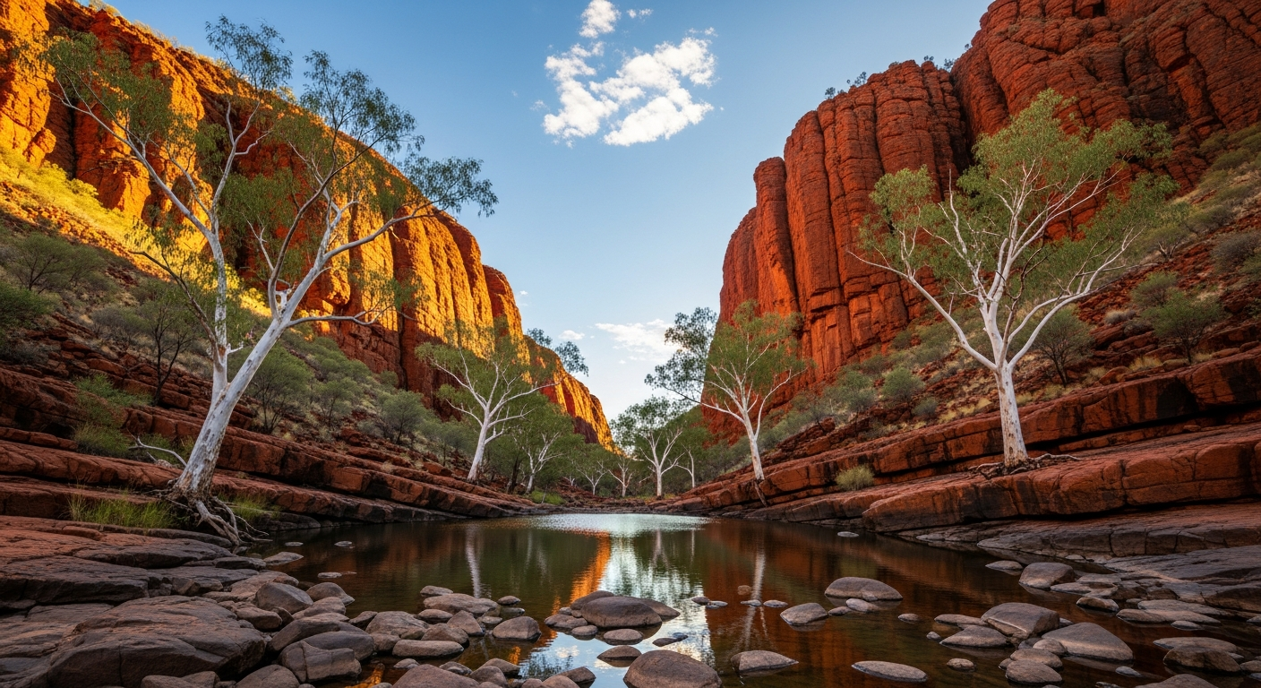 The dramatic red rock walls of Simpsons Gap with ghost gums and the dry sandy creek bed