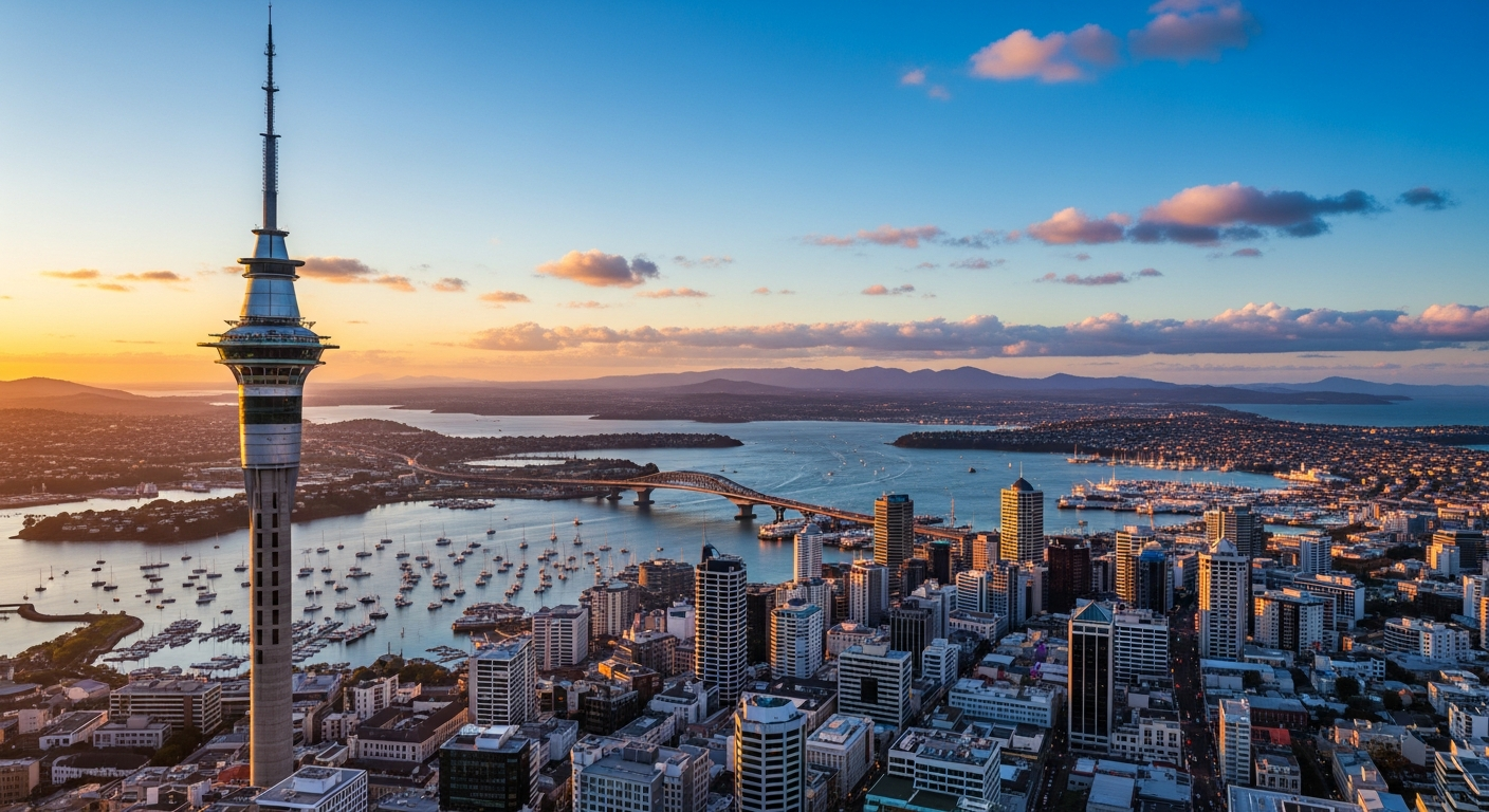 Auckland Sky Tower observation deck with panoramic harbour and city views