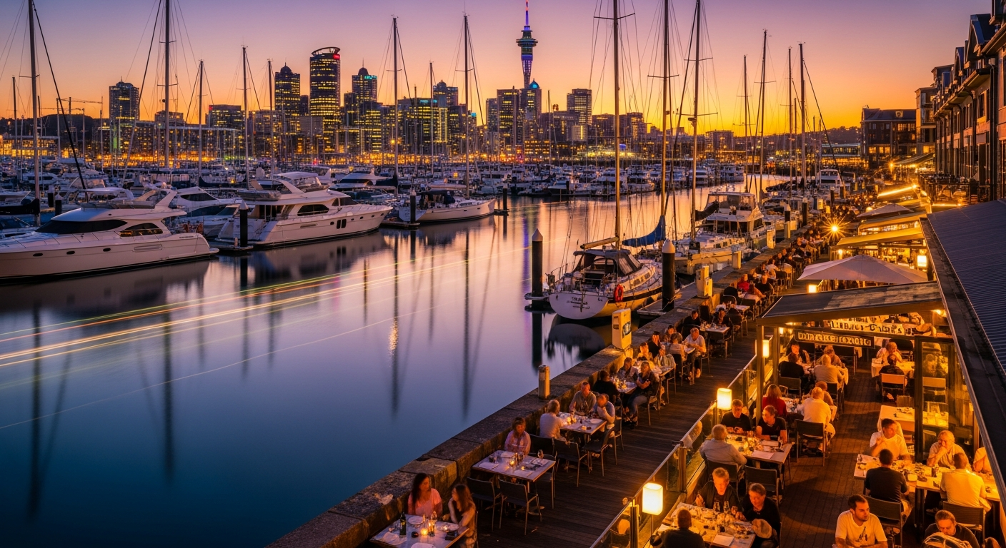 Auckland Viaduct Harbour with yachts, waterfront restaurants, and city skyline