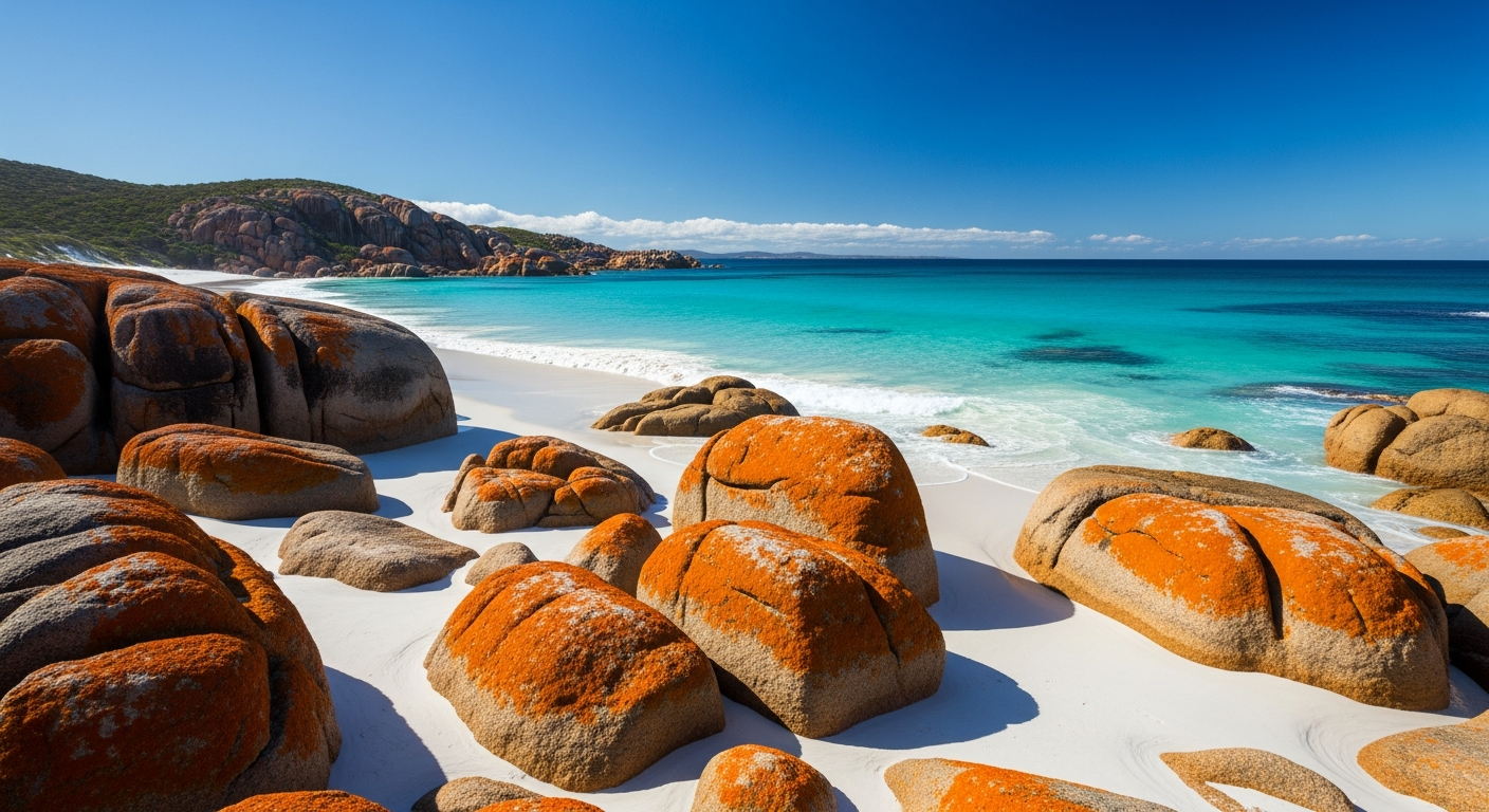The iconic orange lichen-covered boulders at Bay of Fires