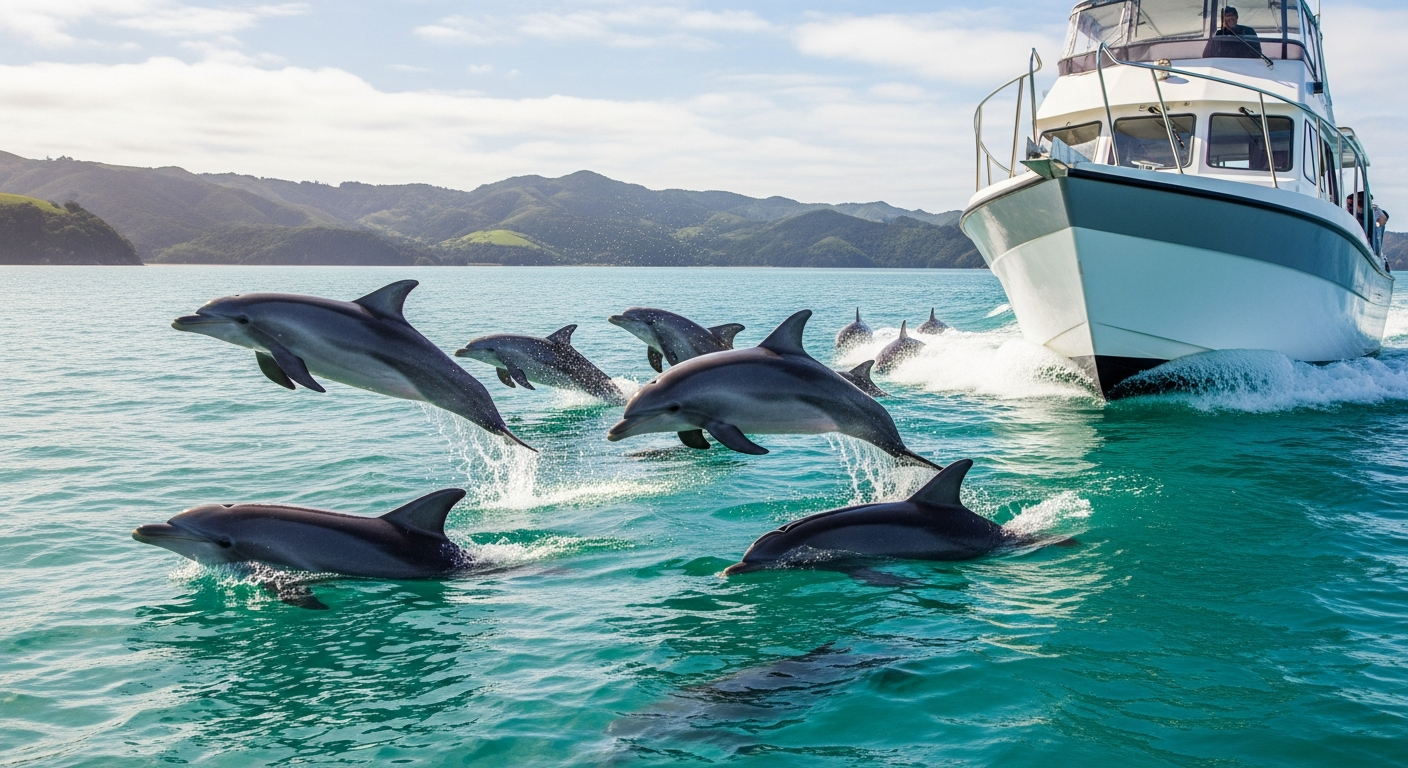 Pod of dolphins swimming in turquoise Bay of Islands waters