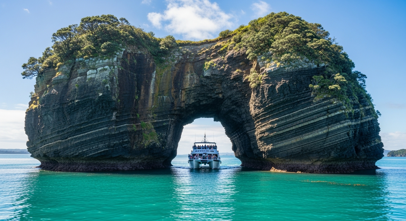 The famous Hole in the Rock at Motukokako Island with a cruise boat passing through