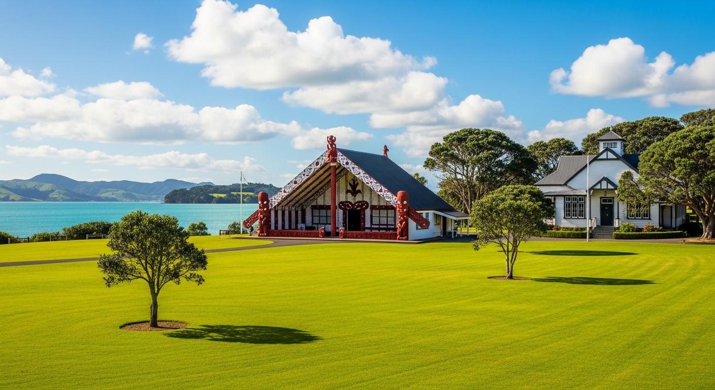 Waitangi Treaty Grounds with historic meeting house and Māori carvings