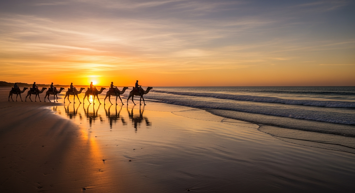 Camels silhouetted against a golden sunset on Broome's Cable Beach