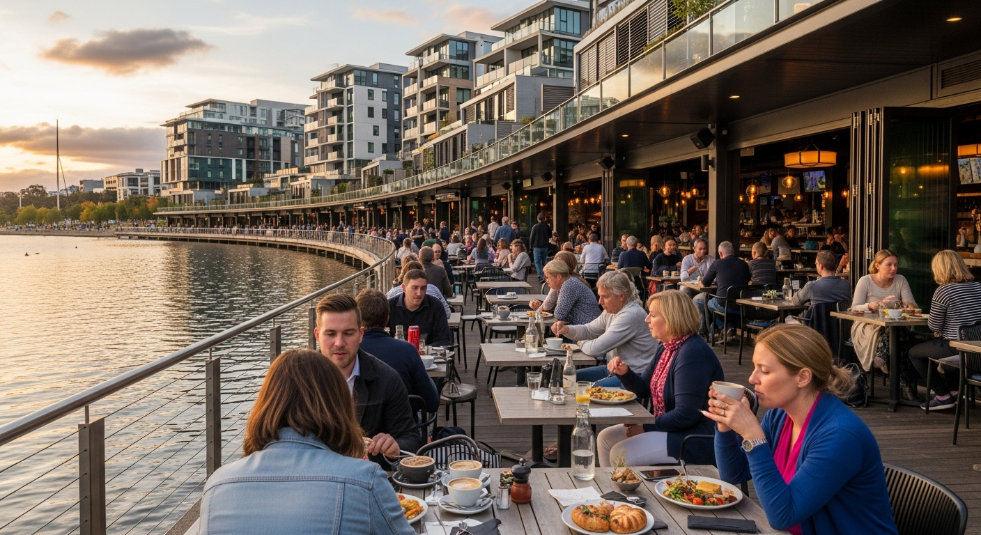 The bustling Kingston Foreshore precinct with waterside dining