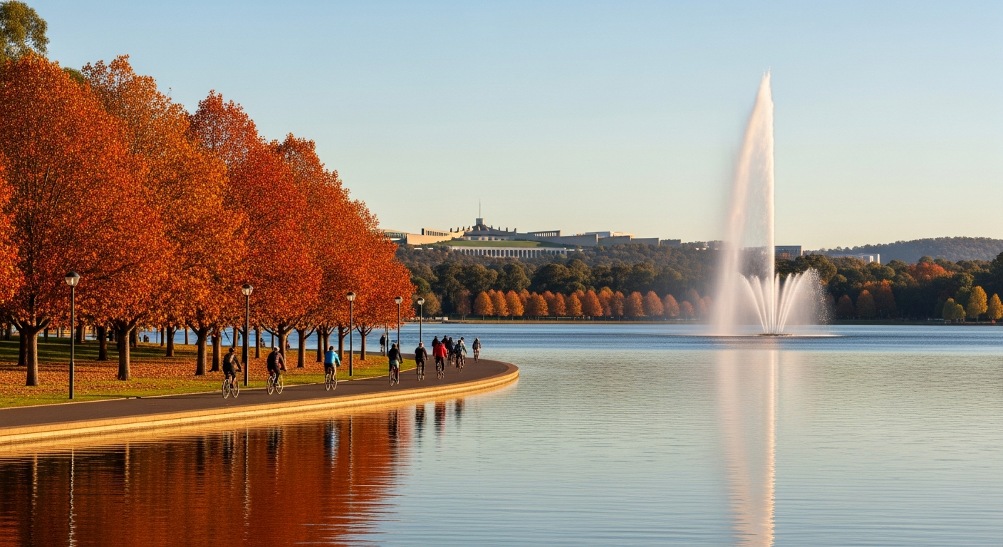The serene expanse of Lake Burley Griffin with the Captain Cook Memorial Jet