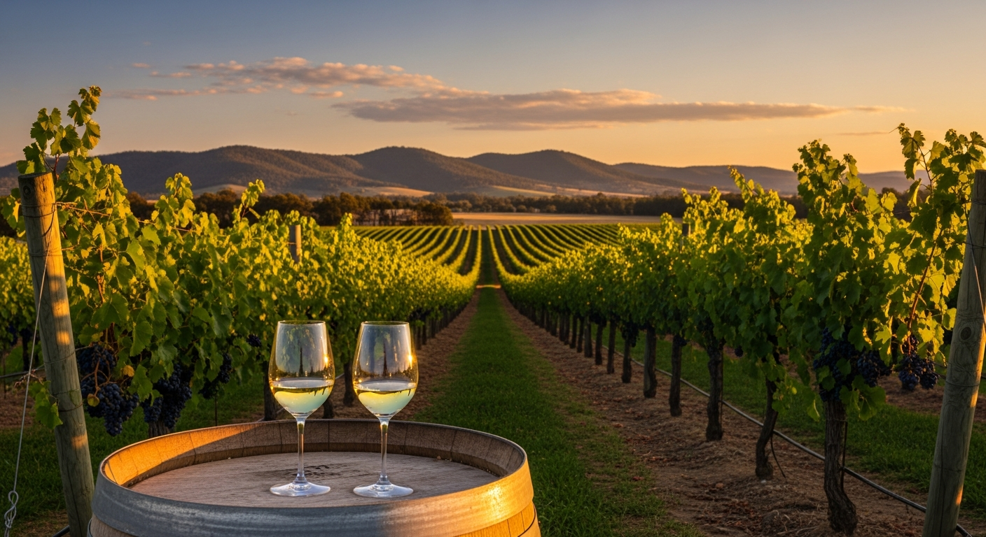 Rolling vineyards across the Canberra wine region with autumn colours