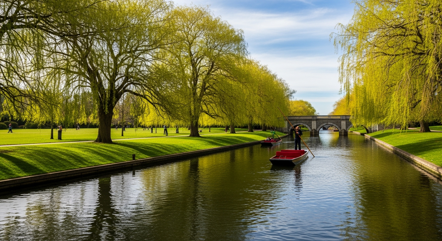 Christchurch Botanic Gardens with punting on the Avon River and heritage bridges