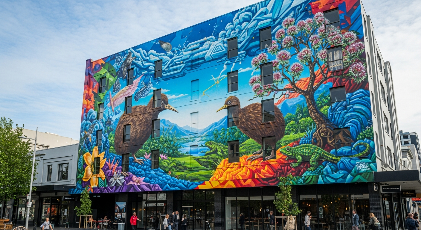 Colourful street art mural on a building in post-earthquake Christchurch