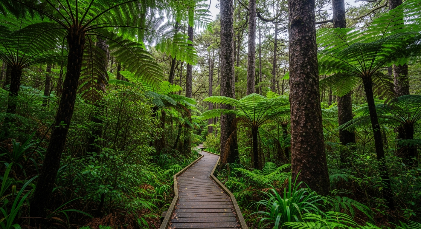 Lush native bush walking track through fern forest and kauri trees on the Coromandel