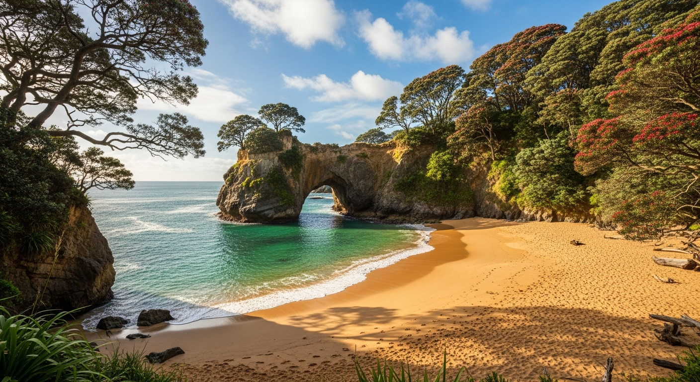 Cathedral Cove with its iconic rock arch framing a golden beach and turquoise water