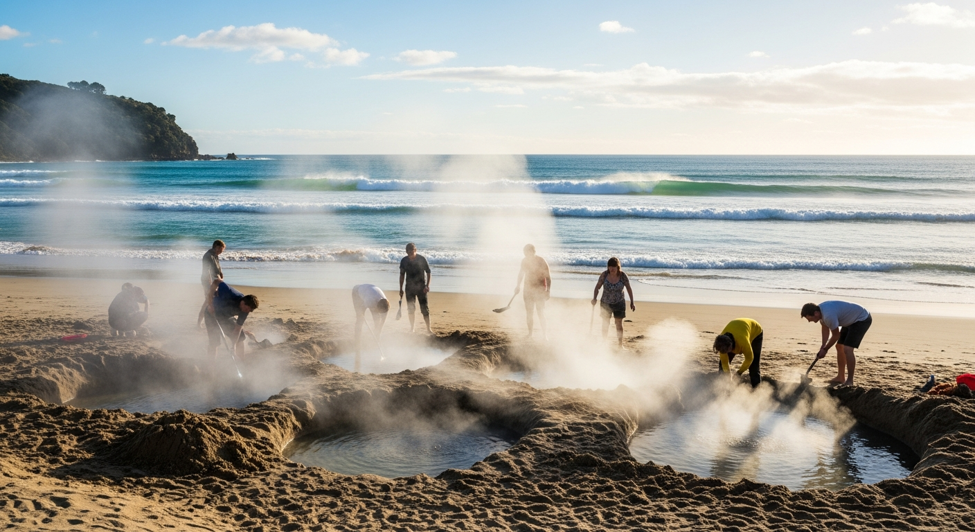 People digging their own hot pools in the sand at Hot Water Beach