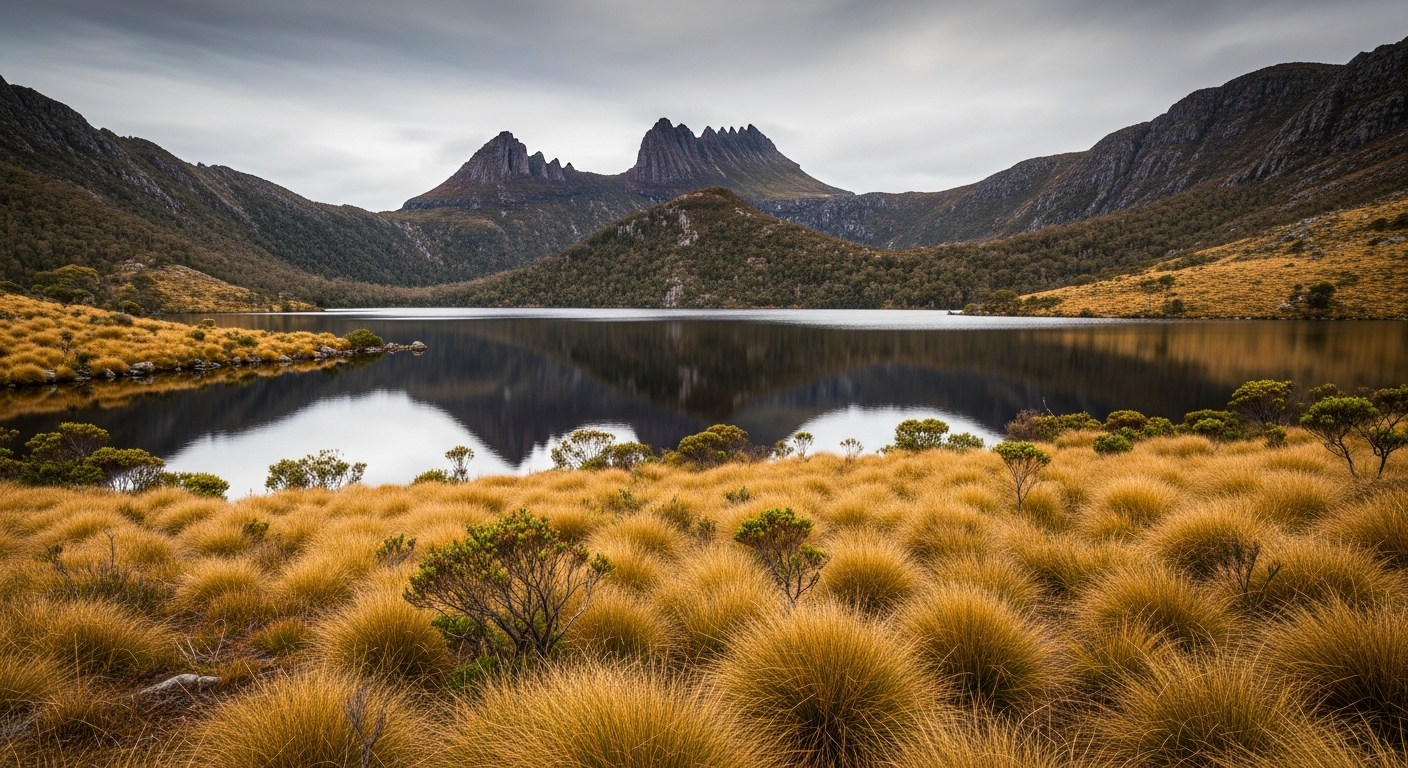 Dove Lake reflecting the jagged peaks of Cradle Mountain