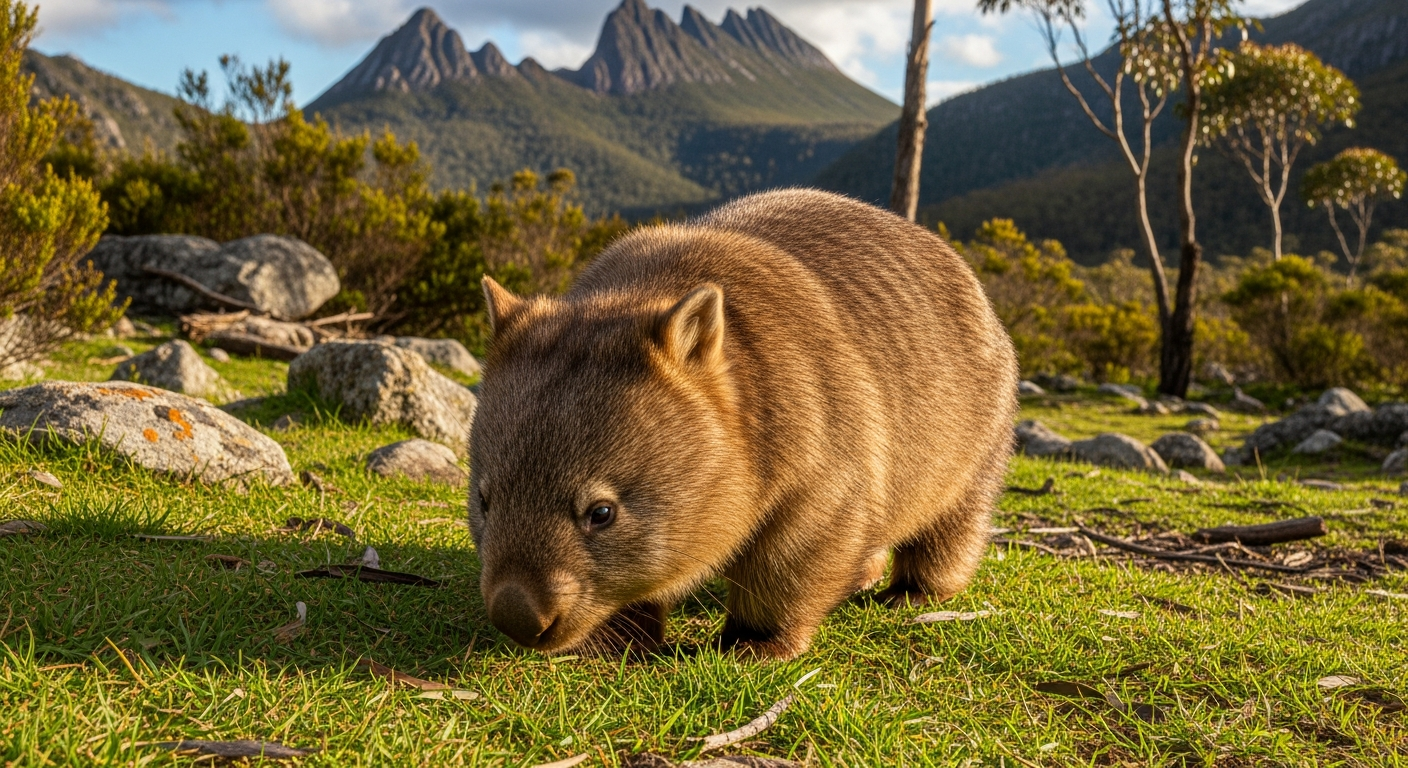 A friendly wombat grazing near the visitor centre