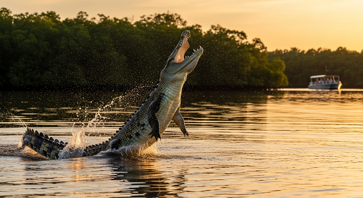 A massive saltwater crocodile launching from the Adelaide River on a jumping crocodile cruise