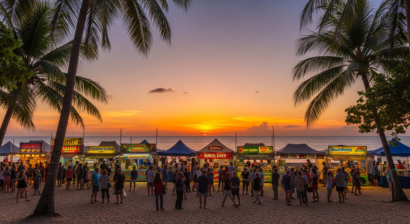 The famous Mindil Beach Sunset Markets with food stalls and ocean sunset