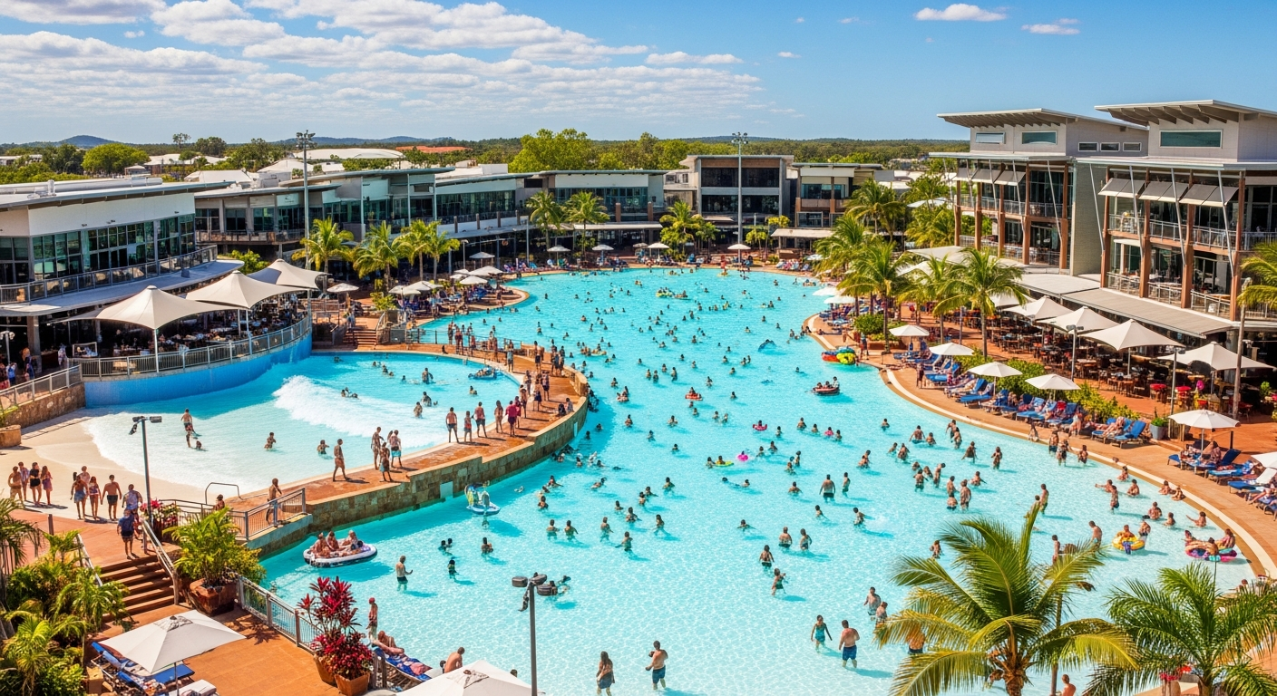 The modern Darwin Waterfront Precinct with its wave lagoon and dining strip