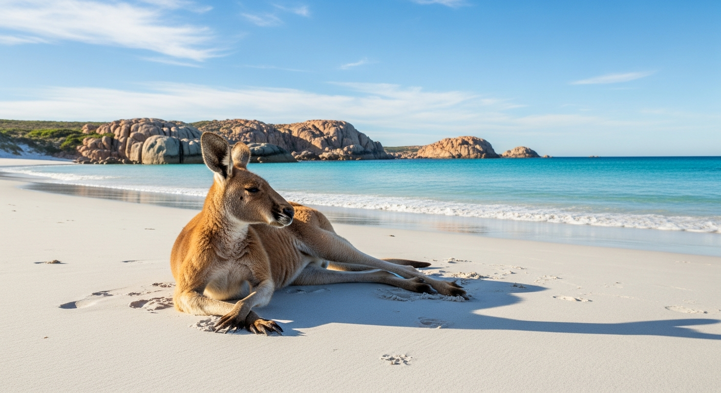 Kangaroos lounging on the pristine white sand of Lucky Bay with turquoise water beyond