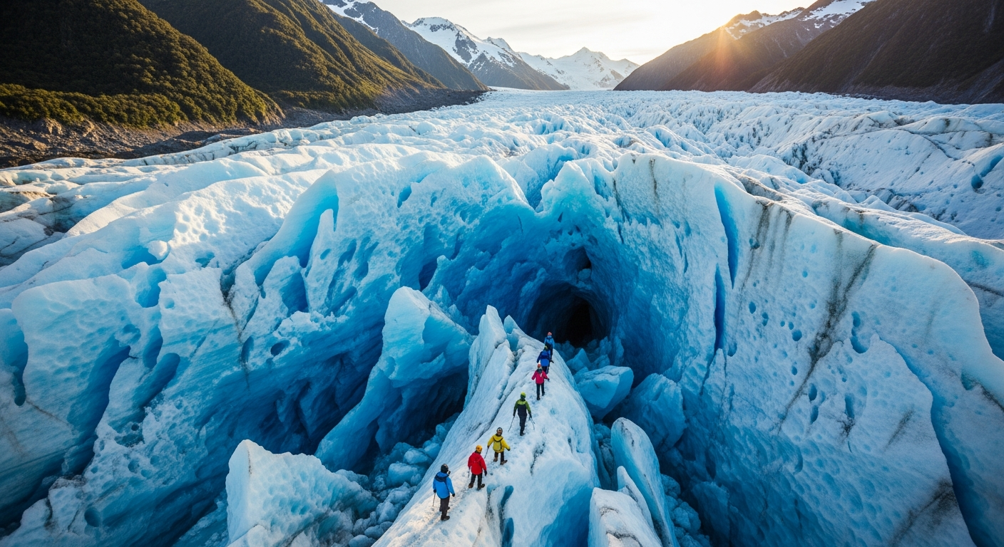 Hikers walking on blue glacial ice formations at Franz Josef Glacier
