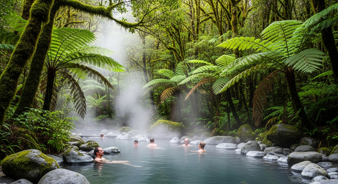 People relaxing in hot pools surrounded by native rainforest ferns