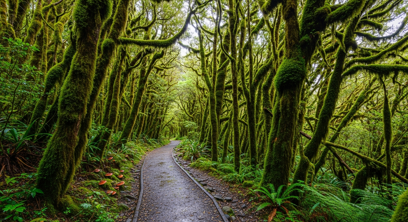 Lush West Coast rainforest with moss-covered trees and walking track