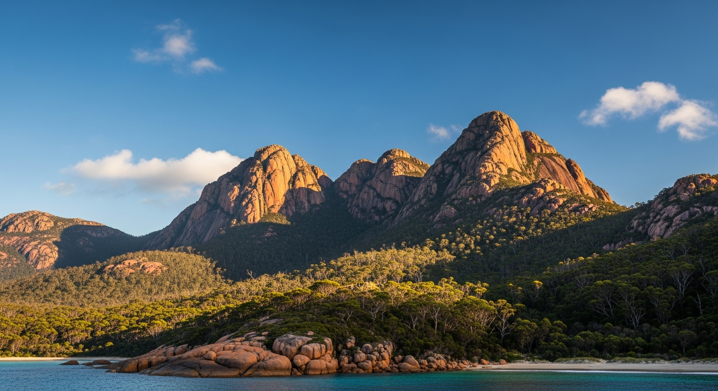 The pink granite peaks of the Hazards rising above the coast
