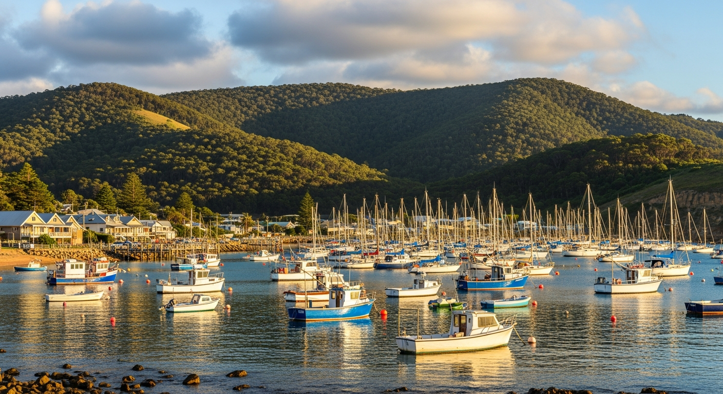 Apollo Bay's picturesque harbour and green hills