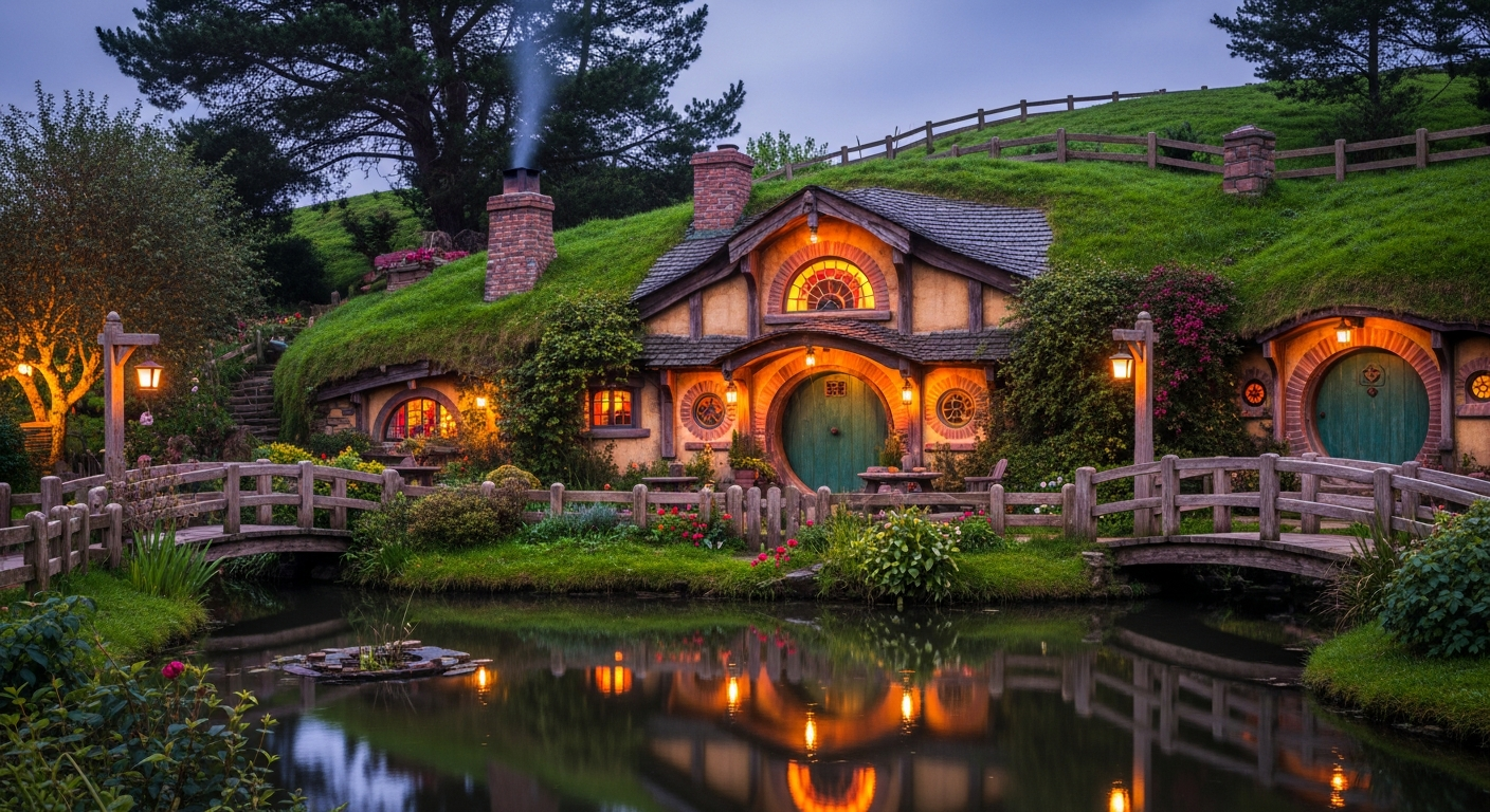 The Green Dragon Inn pub beside a pond with lanterns and rustic Middle-earth atmosphere
