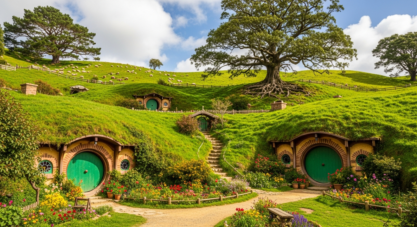 Hobbiton hobbit holes with round green doors, flower gardens, and rolling green hills