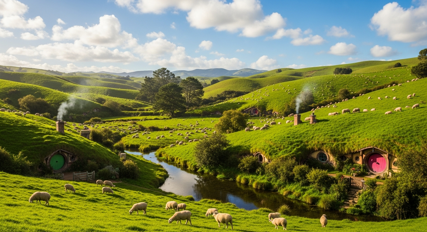 Rolling Shire-like farmland of the Waikato region with green hills and grazing sheep