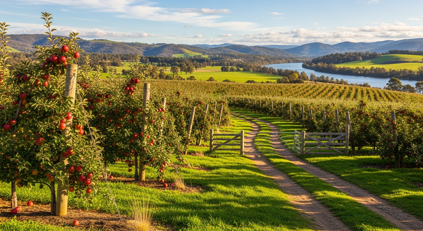 Apple orchards and rolling farmland in the Huon Valley