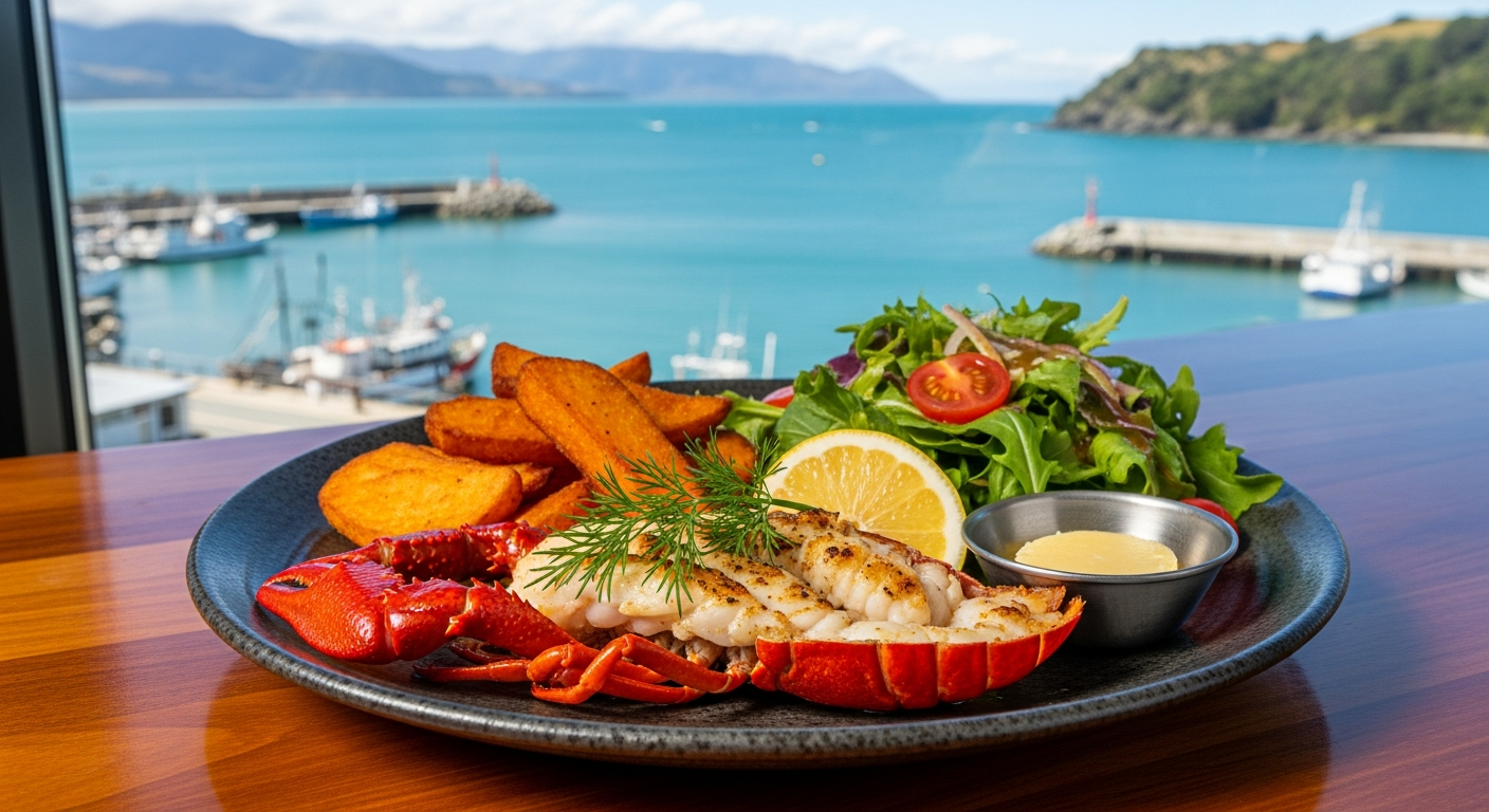 Fresh Kaikoura crayfish meal on a plate with ocean views