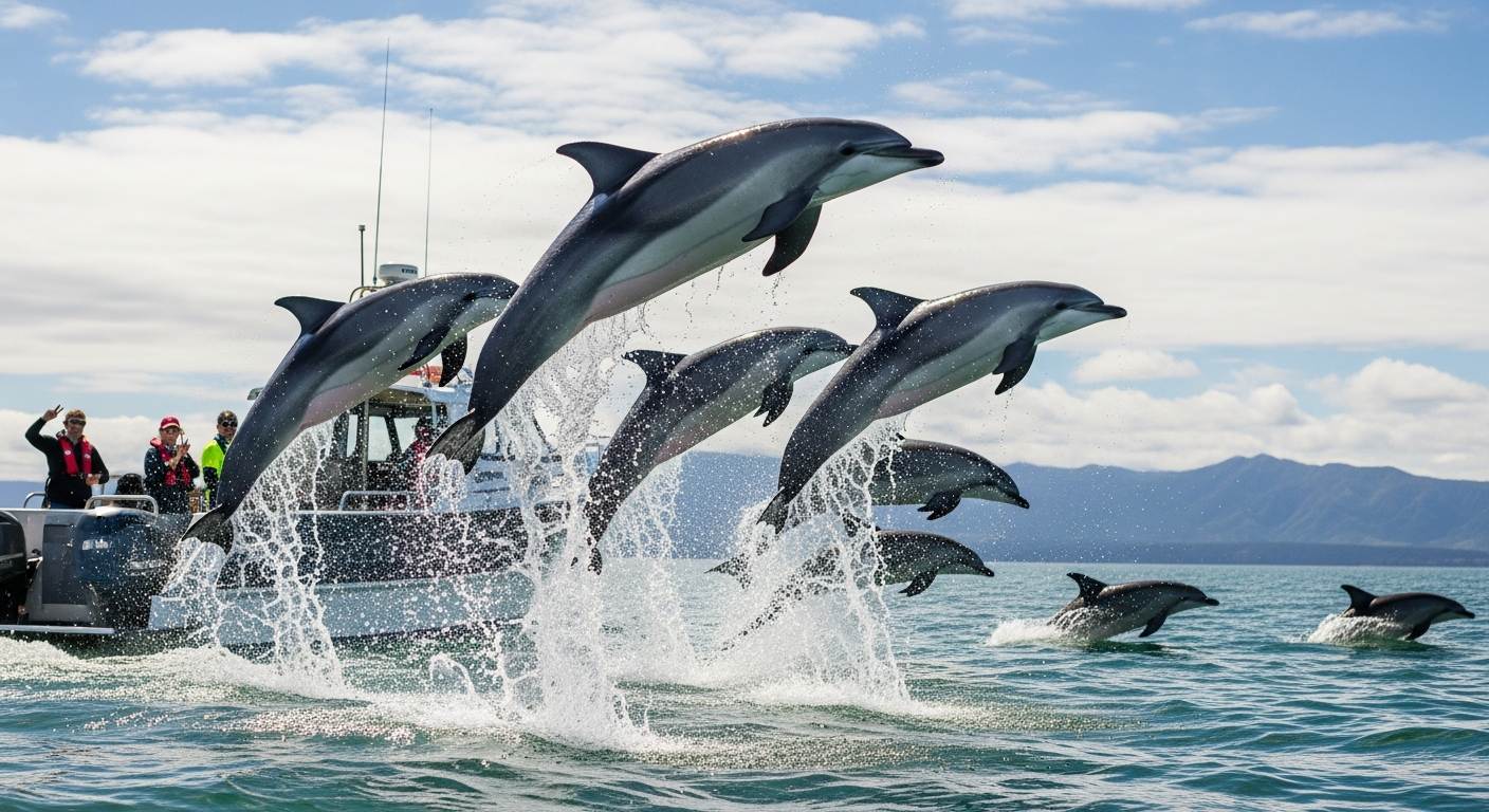 Pod of dusky dolphins leaping alongside a boat