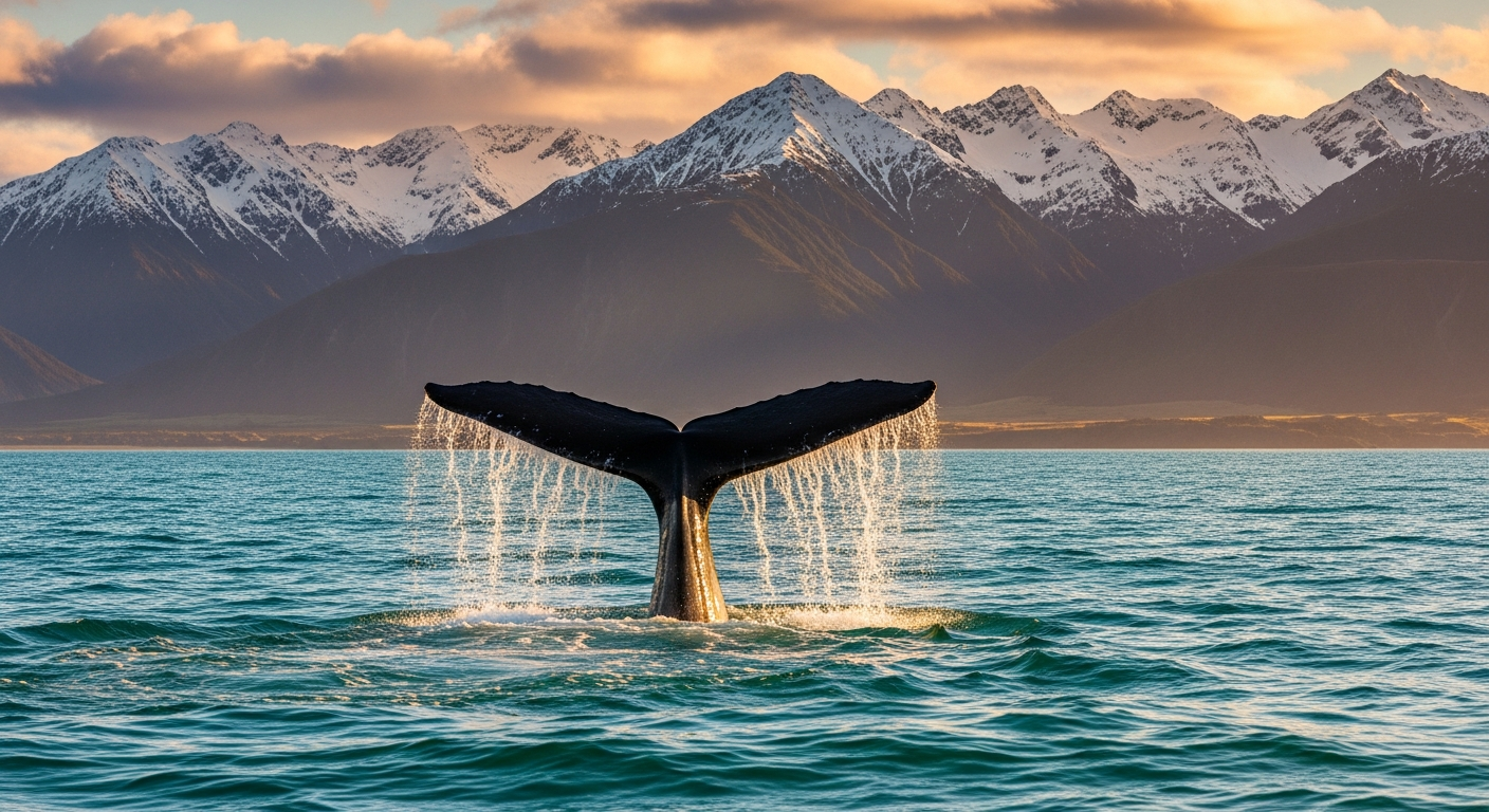 Sperm whale tail fluke above ocean with snow-capped Kaikoura Range behind