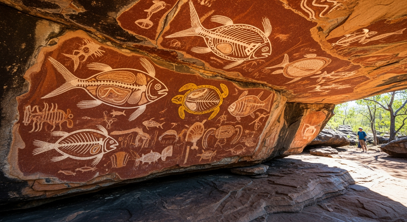 The ancient Aboriginal rock art galleries at Ubirr with paintings of fish, animals and spirit figures