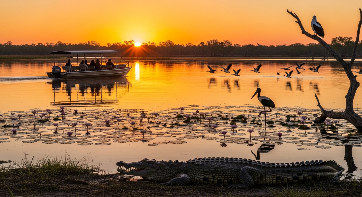 A cruise boat gliding through Yellow Water Billabong with crocodiles, birds and lily pads