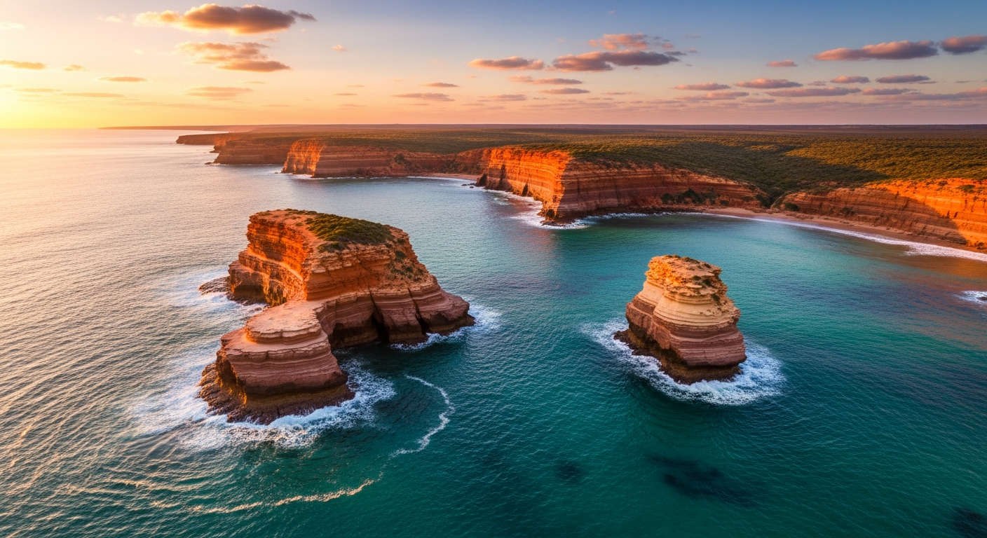 The dramatic red sandstone coastal cliffs of Kalbarri plunging into the turquoise Indian Ocean