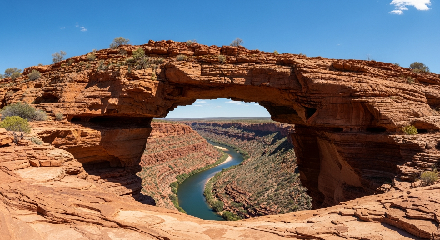 The iconic natural rock arch of Nature's Window framing the Murchison River gorge