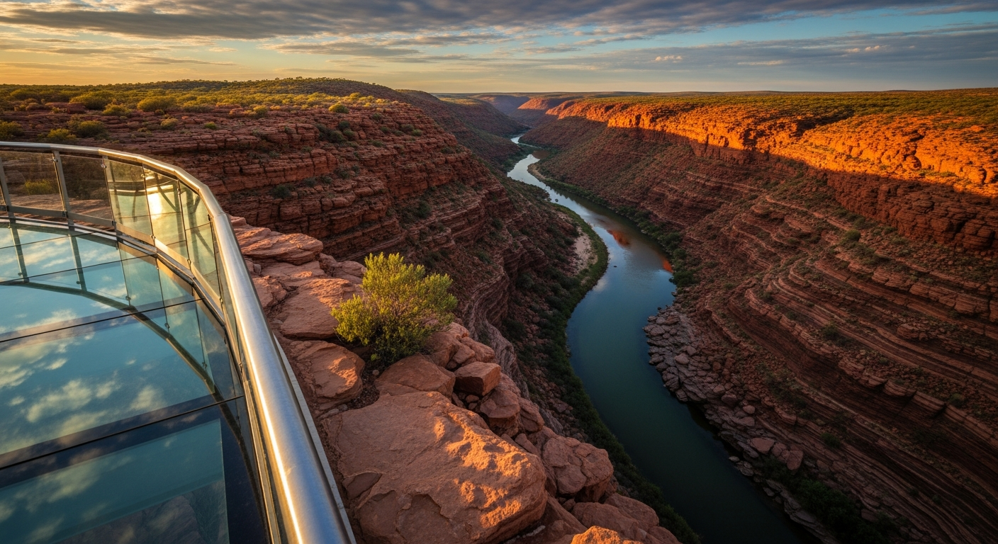 The cantilevered Kalbarri Skywalk platforms extending over the deep Murchison River gorge