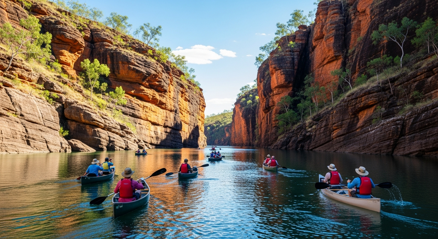 Canoeists paddling through the calm emerald waters between the sandstone walls of Katherine Gorge