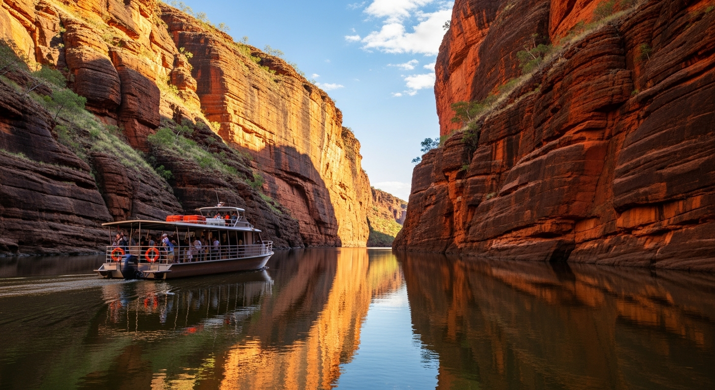 A cruise boat gliding through the towering sandstone walls of Katherine Gorge