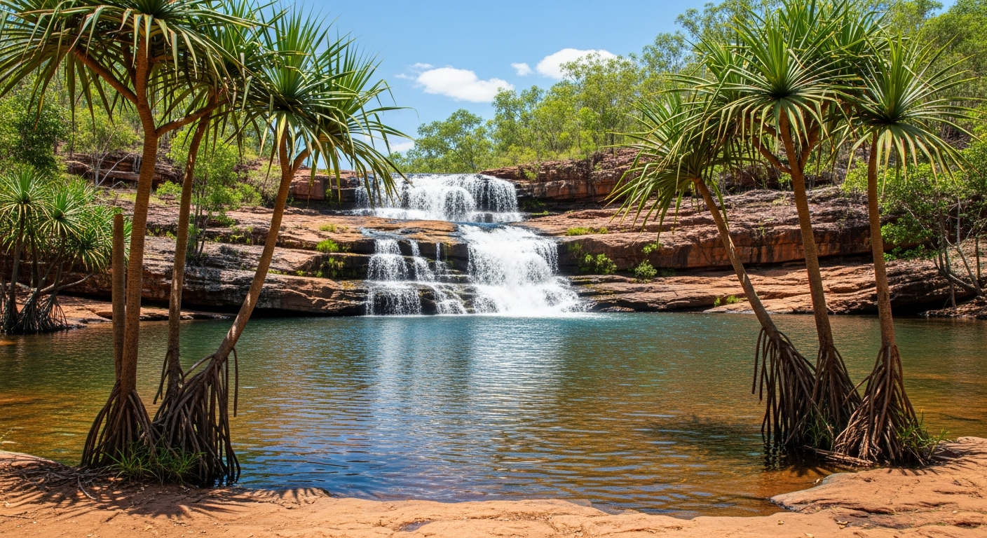 The tiered pools and cascading waterfall at Edith Falls surrounded by pandanus palms