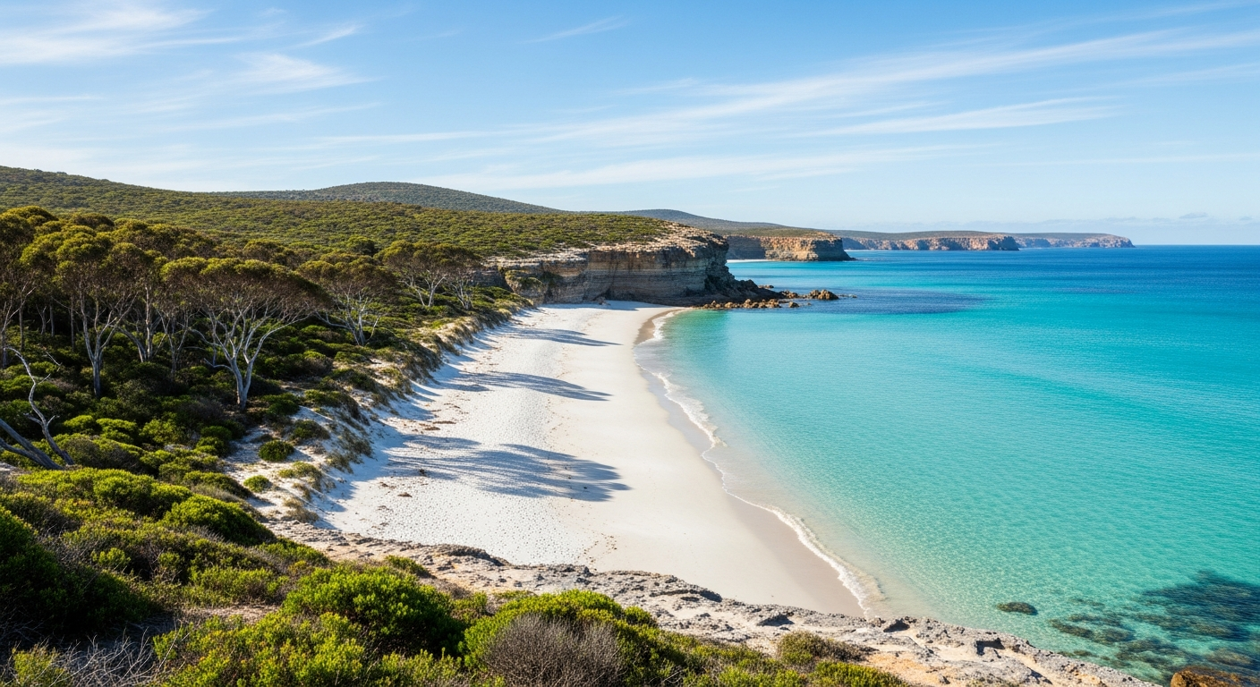 The pristine white sands and turquoise waters of Vivonne Bay