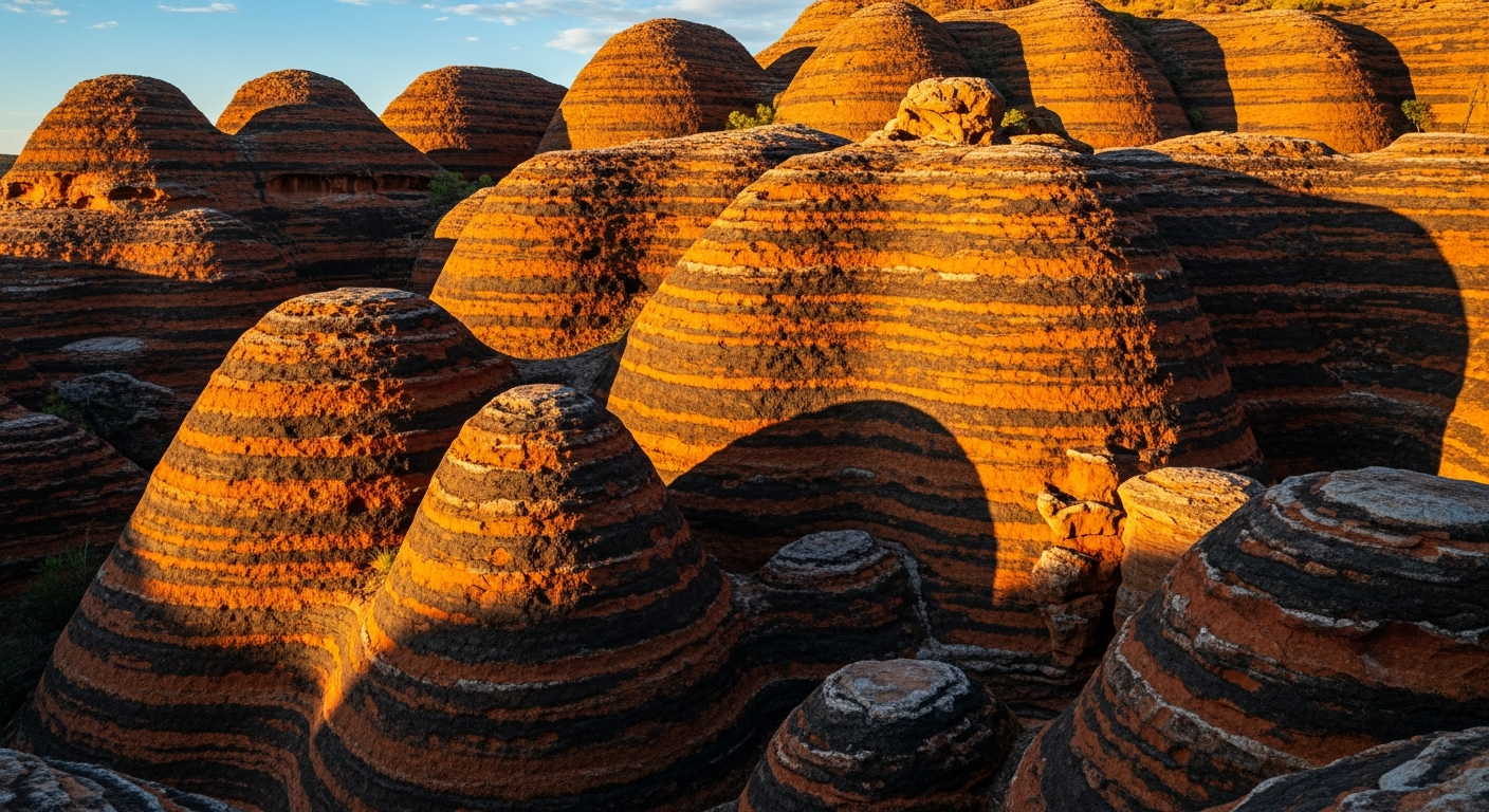 The iconic orange and black striped beehive domes of the Bungle Bungle Range